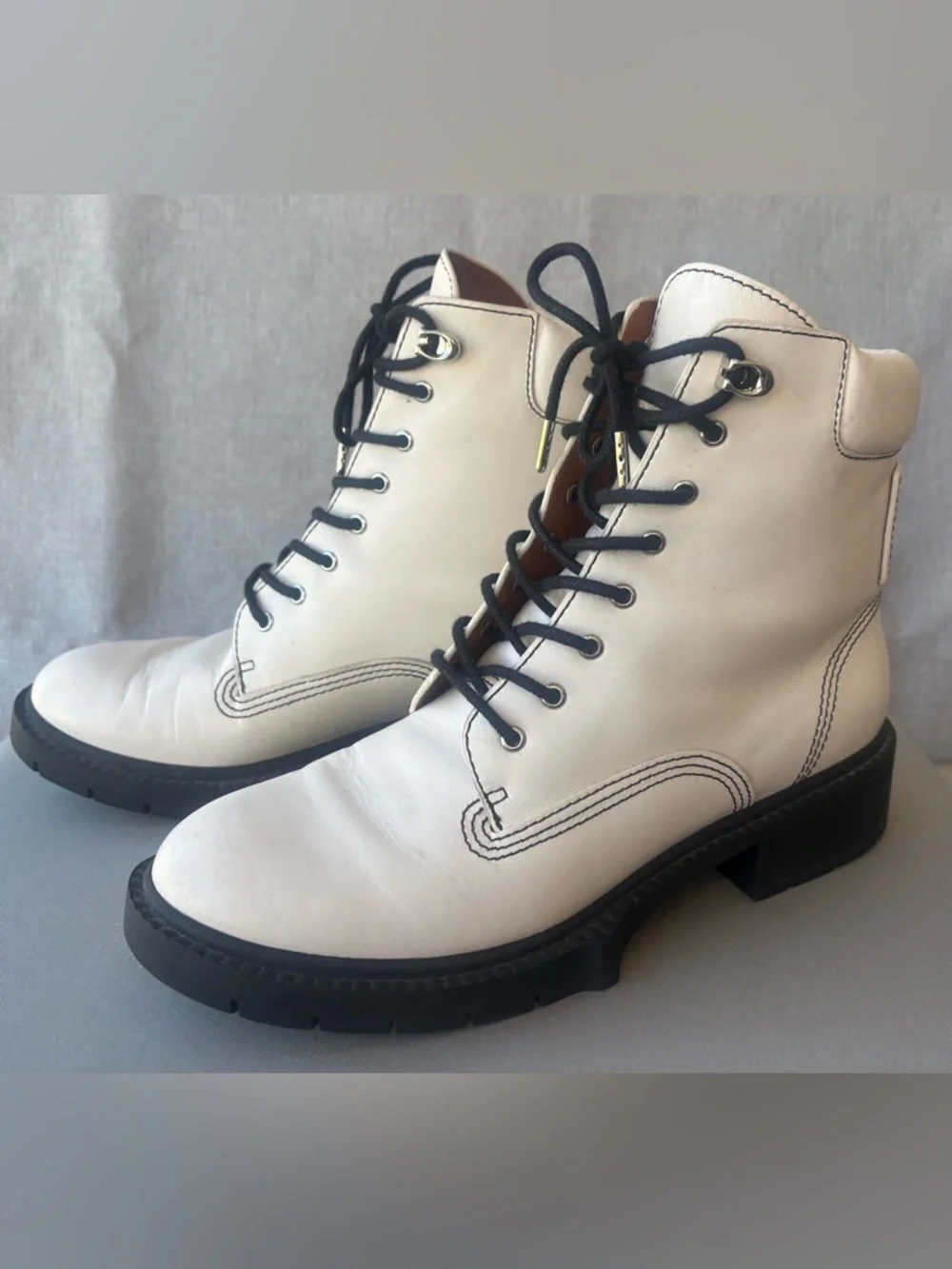 Coach White Leather Combat Boots with Black Laces - Picture 7 of 16